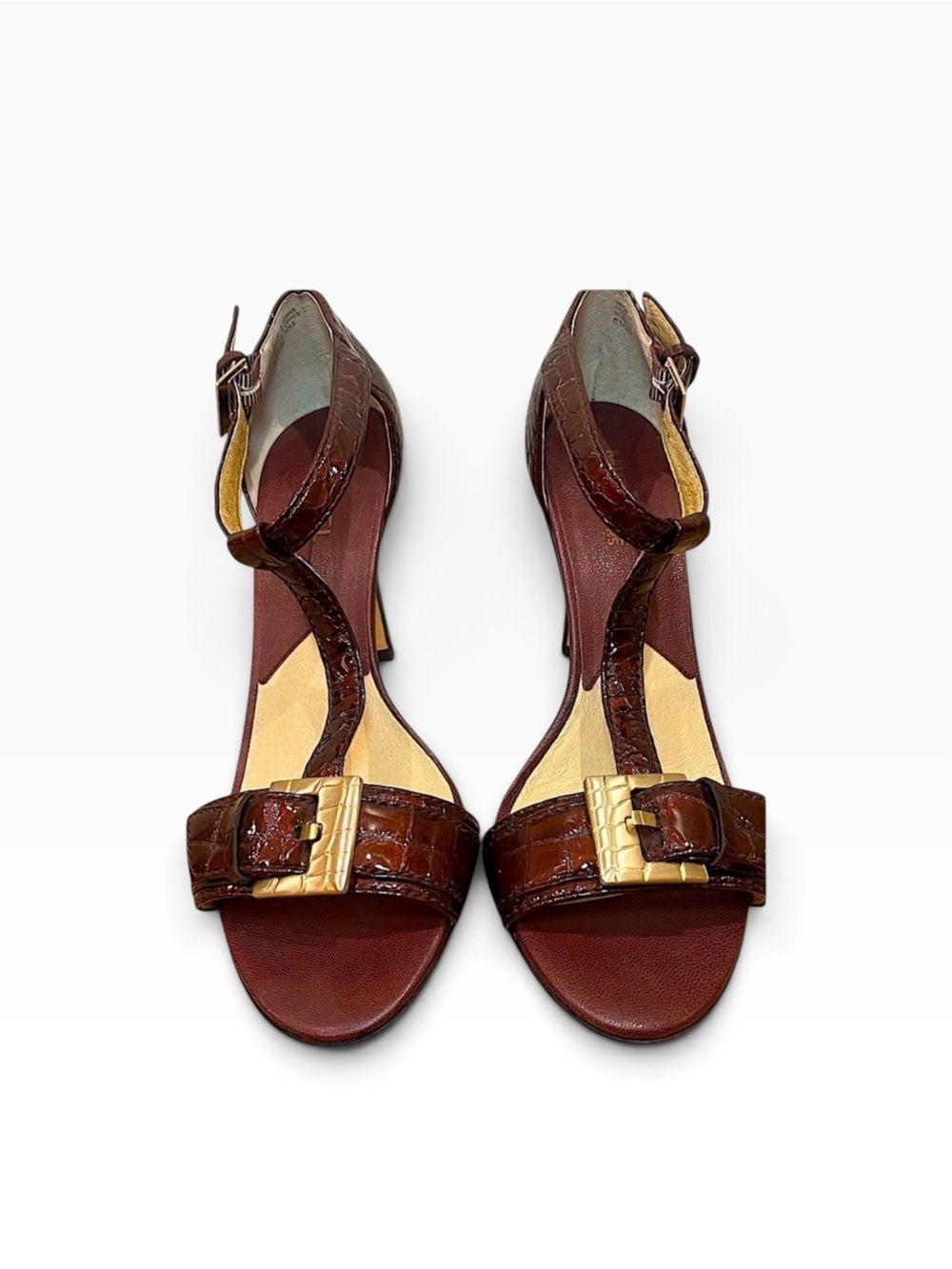 MICHAEL KORS leather croc embossed buckle heeled sandals 🩷❤️🤎